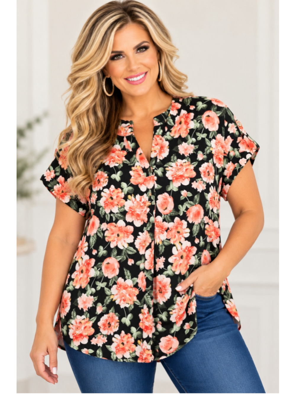 Women's Dear Scarlett Floral Blouse Size M Black Coral Roses
